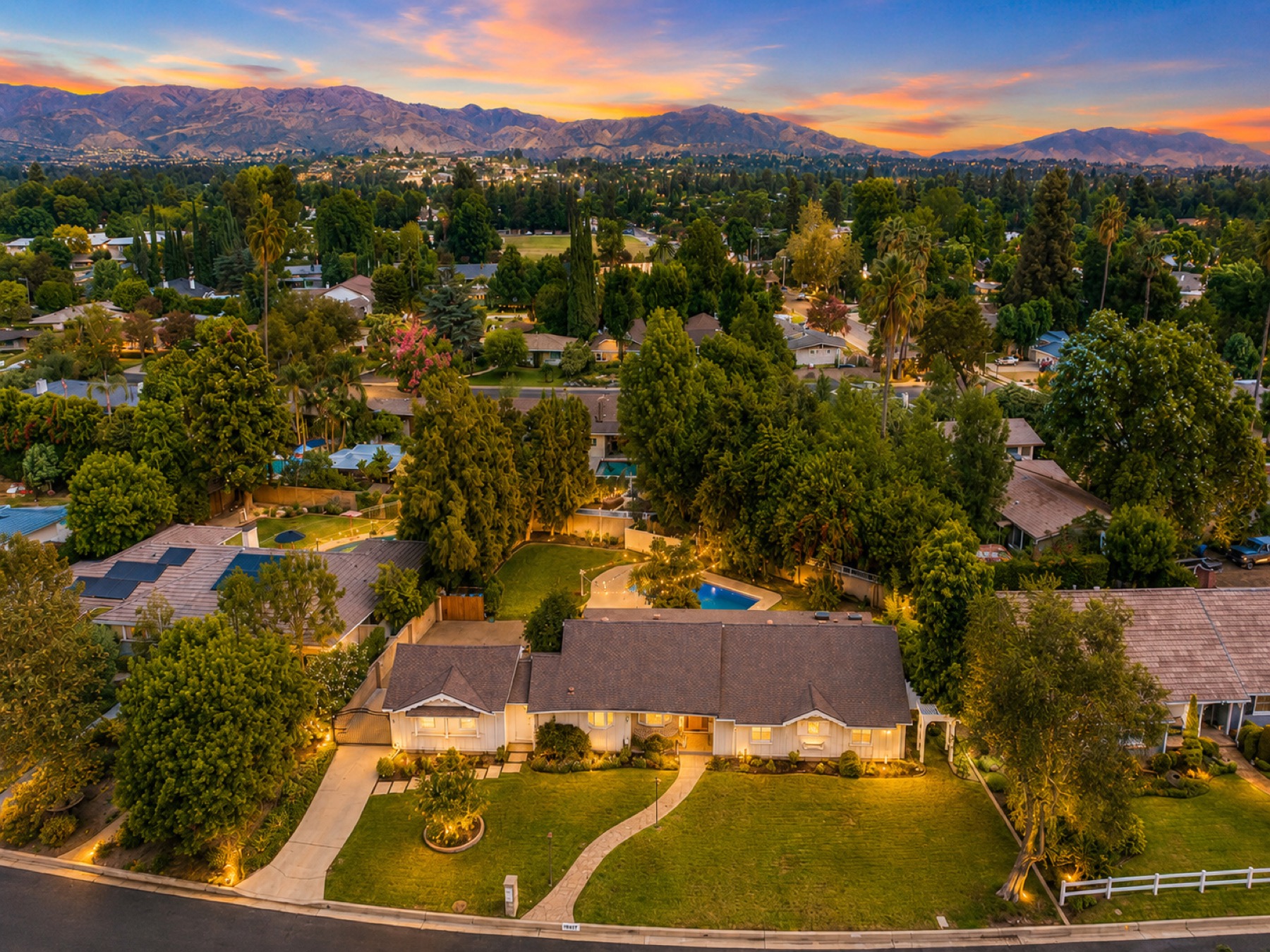 Aerial twilight view of 19117 Marilla Street and the Northridge neighborhood
