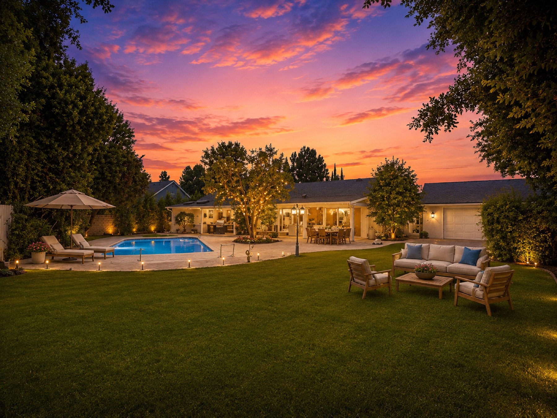 Pool and landscaped backyard at twilight