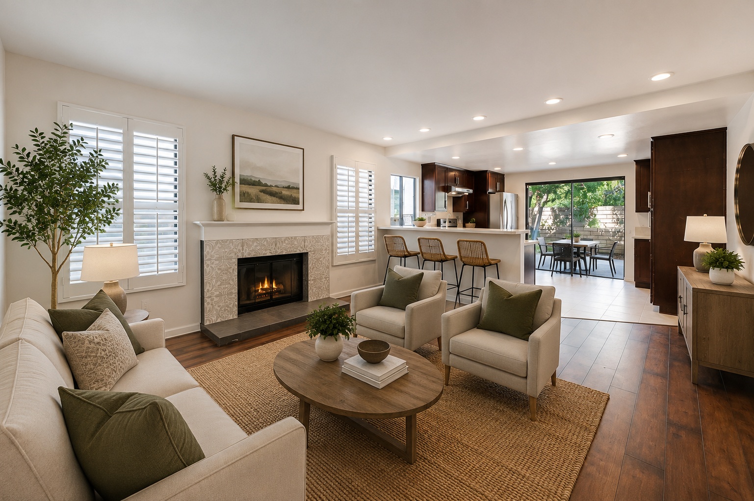 Virtually staged family room with fireplace