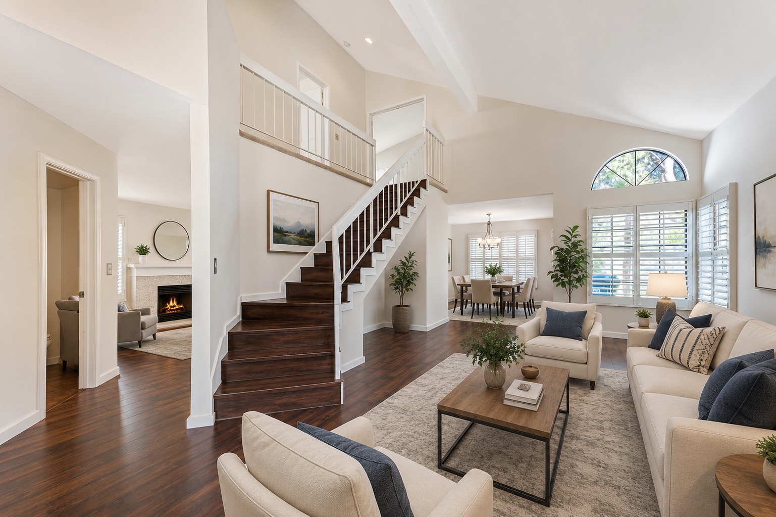 Virtually staged living room with soaring ceilings